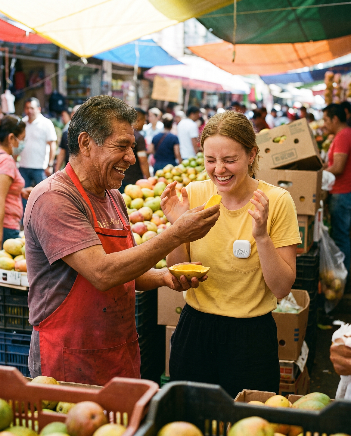 Mexican fruit seller and Dutch traveller laughing over a mango