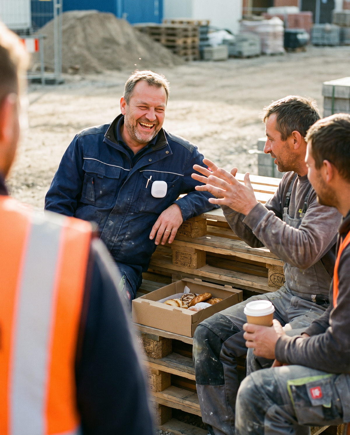 Site manager wearing toik laughing with his crew