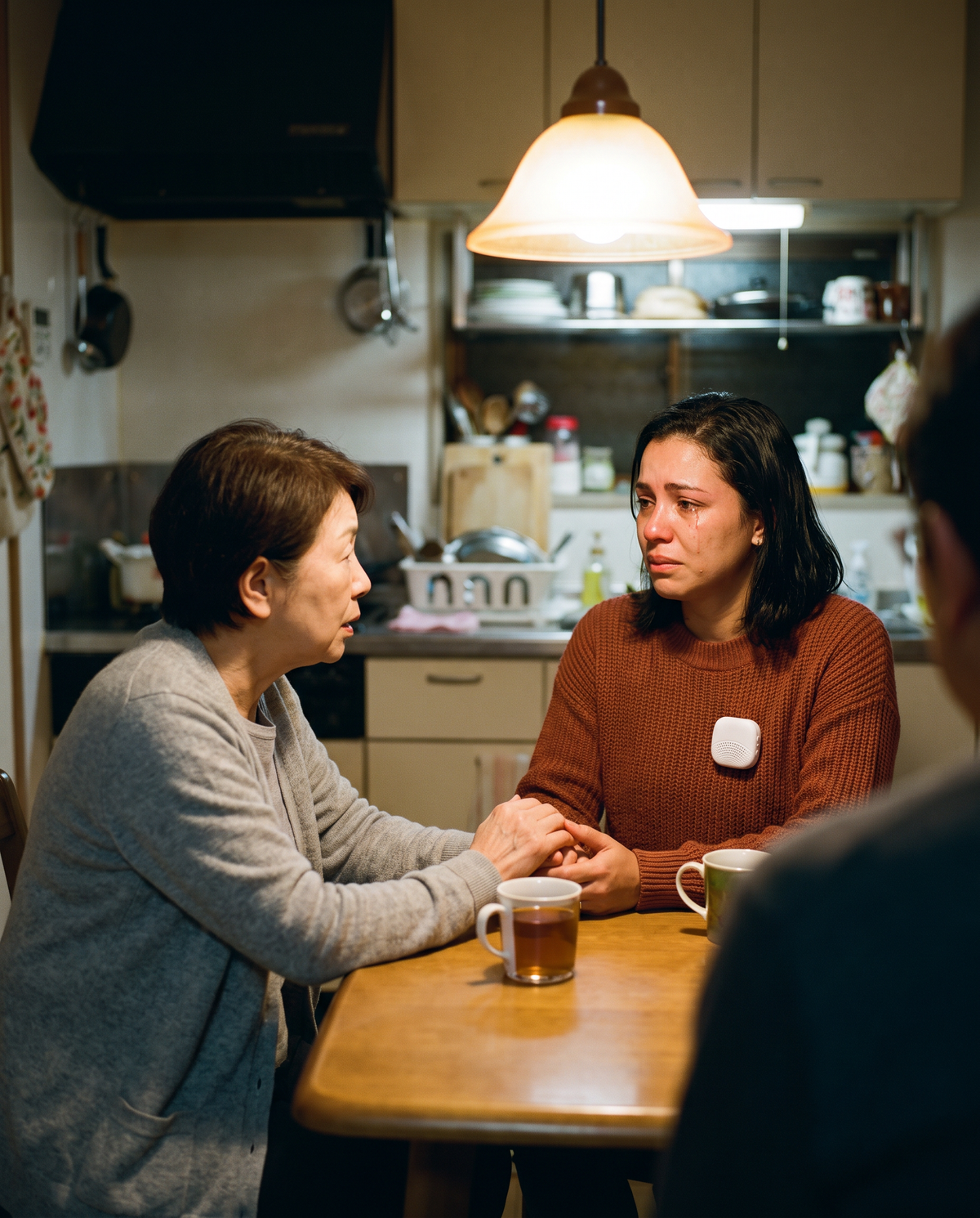 Japanese grandmother holding her Brazilian daughter-in-law's hands in a quiet talk