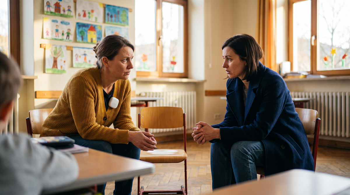 German teacher listening closely to a Ukrainian mother after school