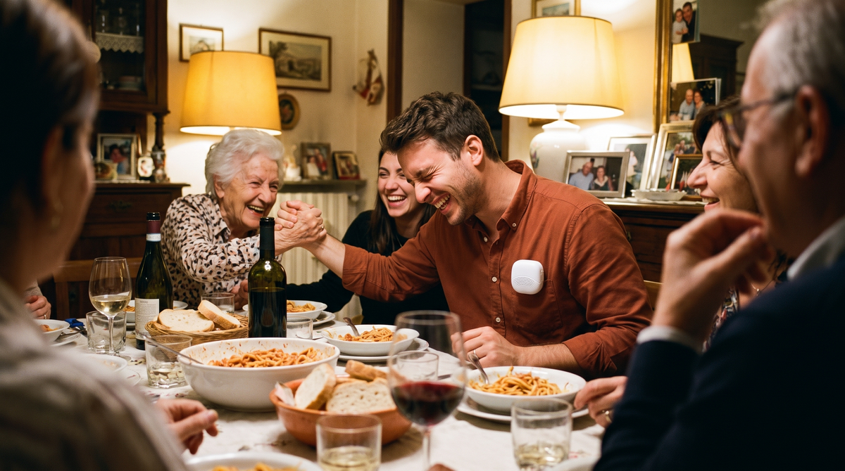 Young man laughing with his girlfriend's grandmother at an Italian family dinner