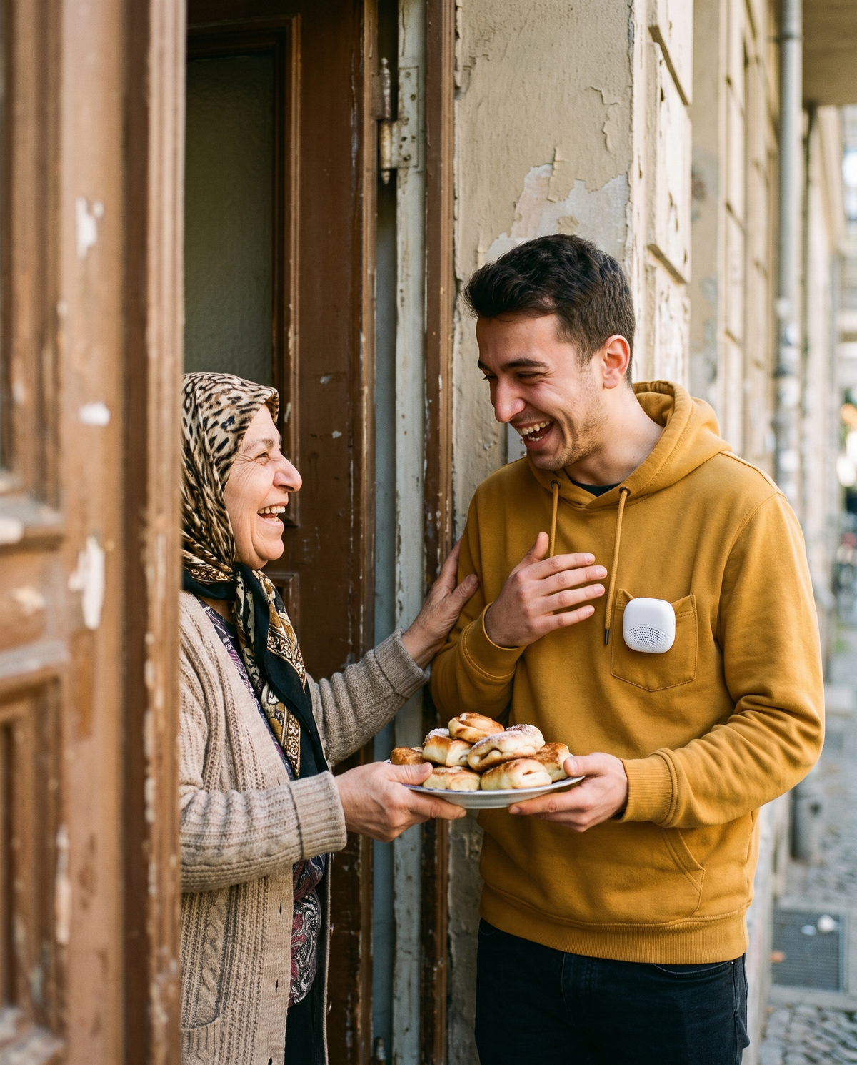 Syrian neighbour handing pastries to her new German neighbour