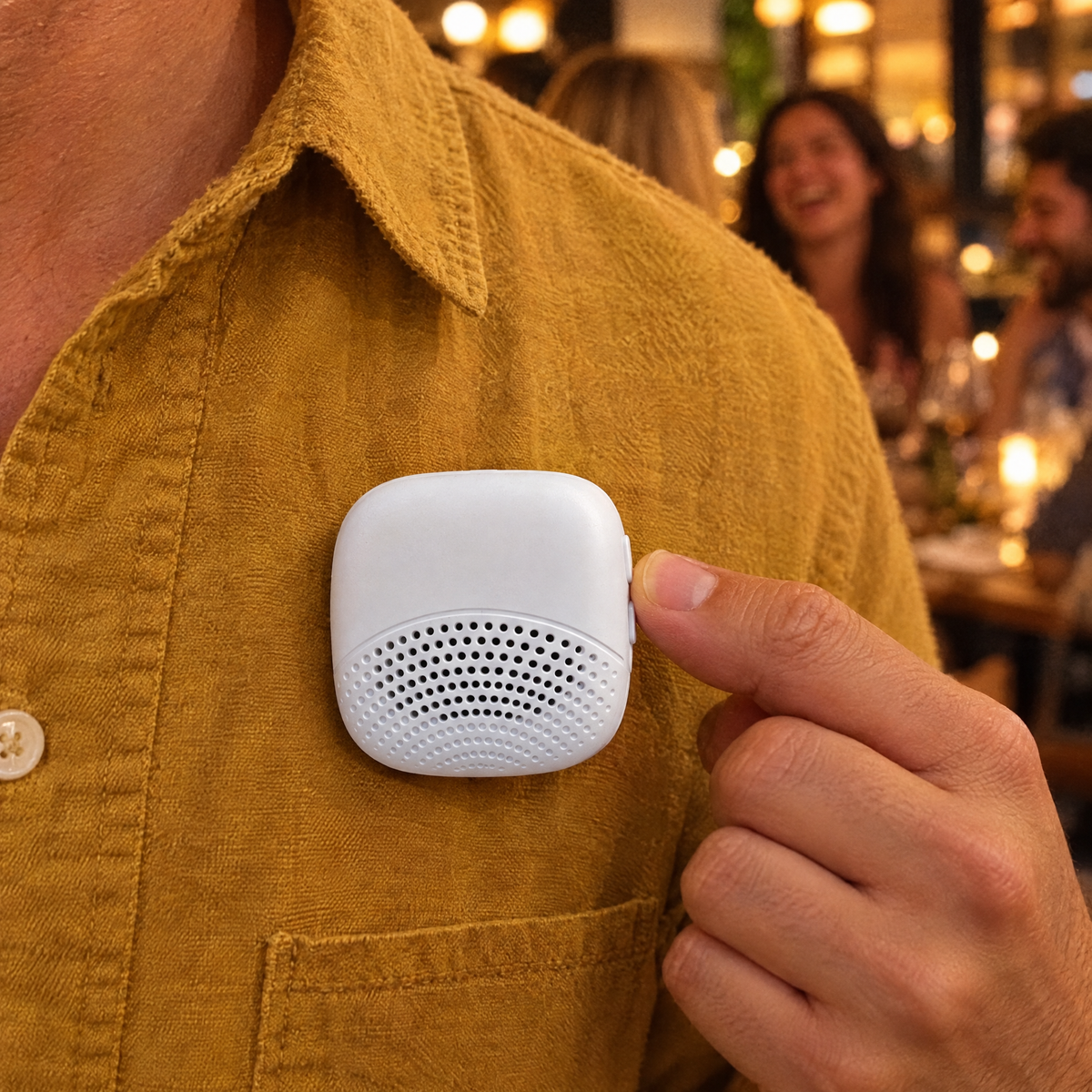 A finger pressing the side button of toik